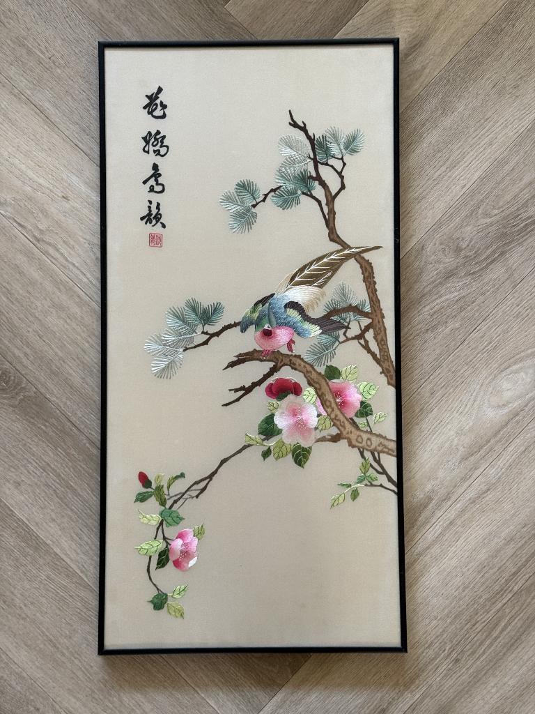 Chinees zijden borduurwerk – ingelijst – 70 x 35 cm, Ophalen