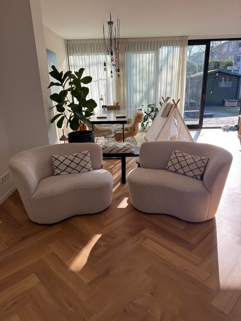 Woood fauteuil stone creme teddy stof (2x), Huis en Inrichting, Fauteuils, Ophalen, Gebruikt, 75 tot 100 cm, 100 tot 125 cm