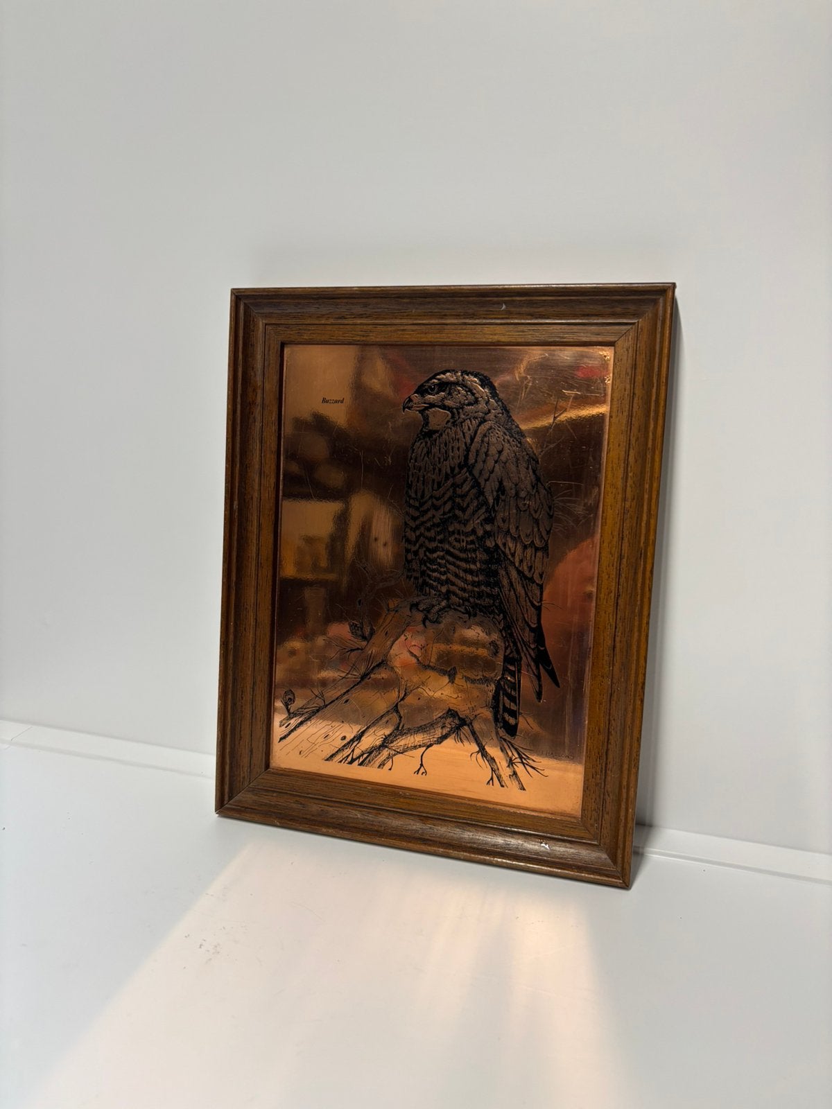 Vintage koper ets buizerd in houten lijst, Gesigneerd, 31 cm, 23 cm, Ophalen of Verzenden