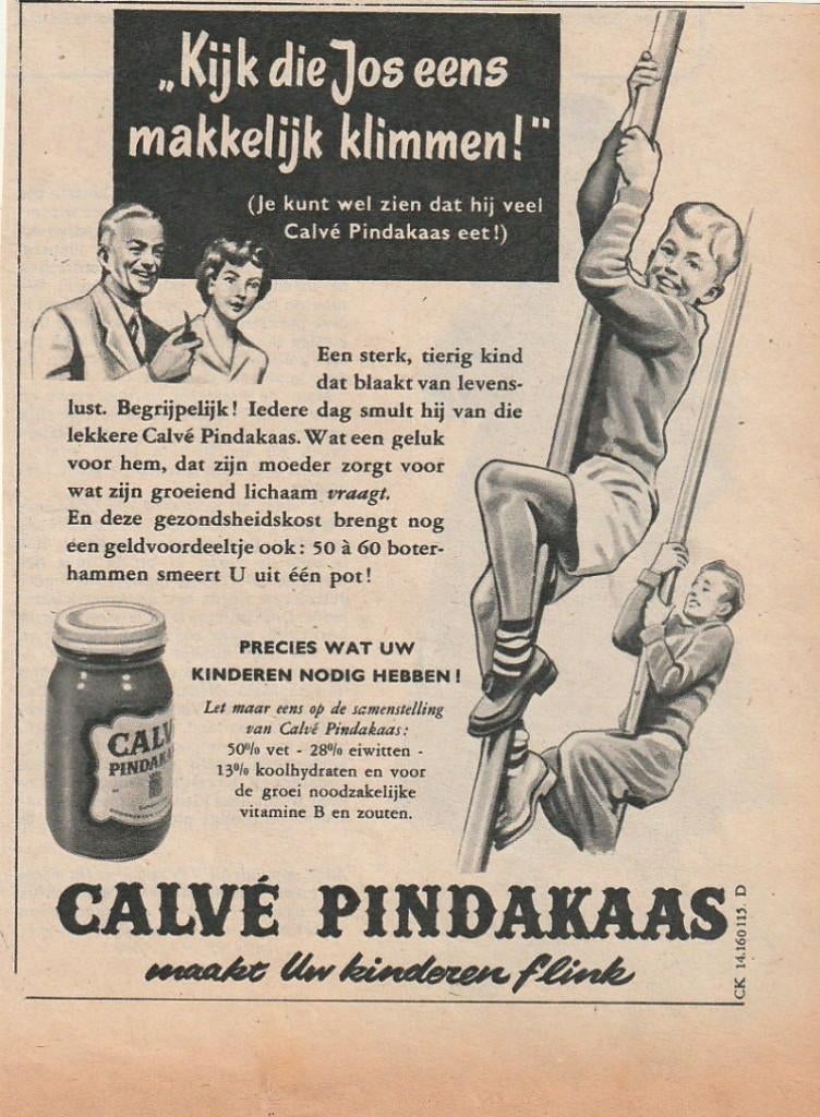 Retro reclame 1953 Calvé pindakaas jongetje Jos klimt, Verzenden, Overige typen