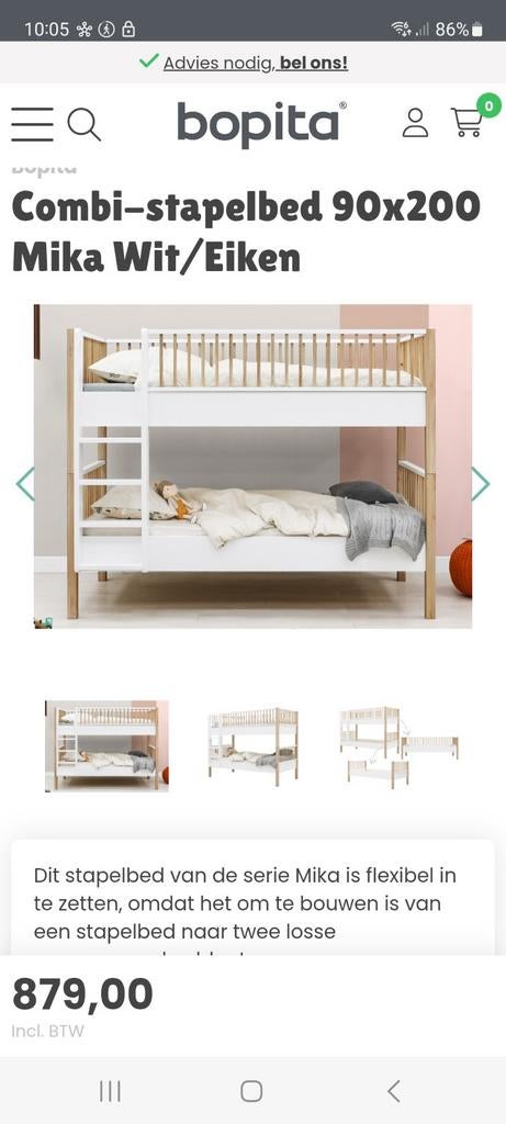 Combi-stapelbed Bopita Mika, zo goed als nieuw, Ophalen, 90 cm, Tweepersoons, Zo goed als nieuw