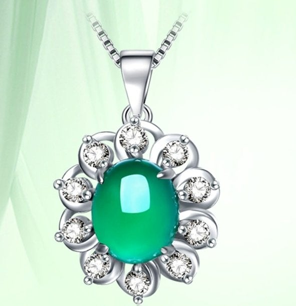 Bloem 925 zilveren kettinghanger met groene chalcedoon, Nieuw, Ophalen of Verzenden, Zilver, Zilver