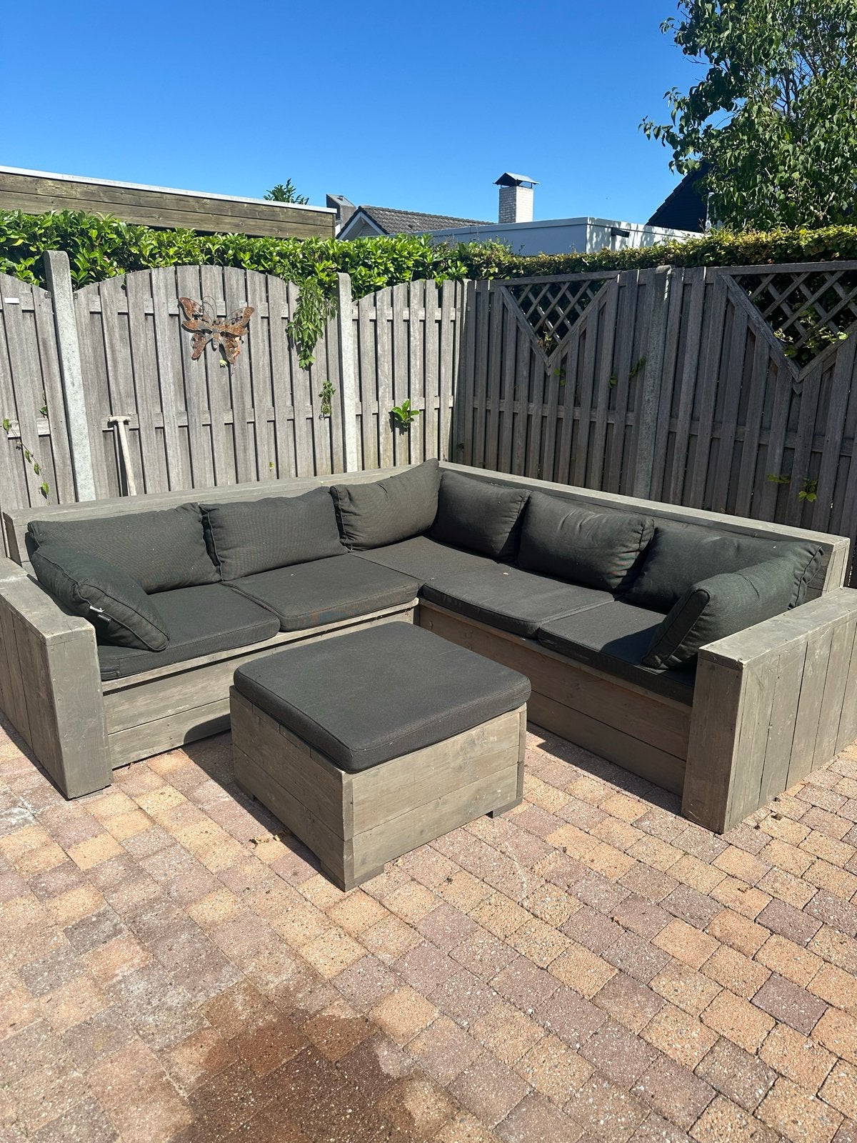 SteigerhoutenTuinbank, Steigerhouten loungeset met kussens, Ophalen, 5 zitplaatsen, Gebruikt, Steigerhout