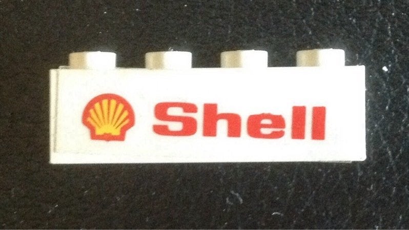 Lego Brick 1 x 4 with 'Shell' Text and Logo Pattern Model, Gebruikt, Overige thema's, Lego, Ophalen of Verzenden