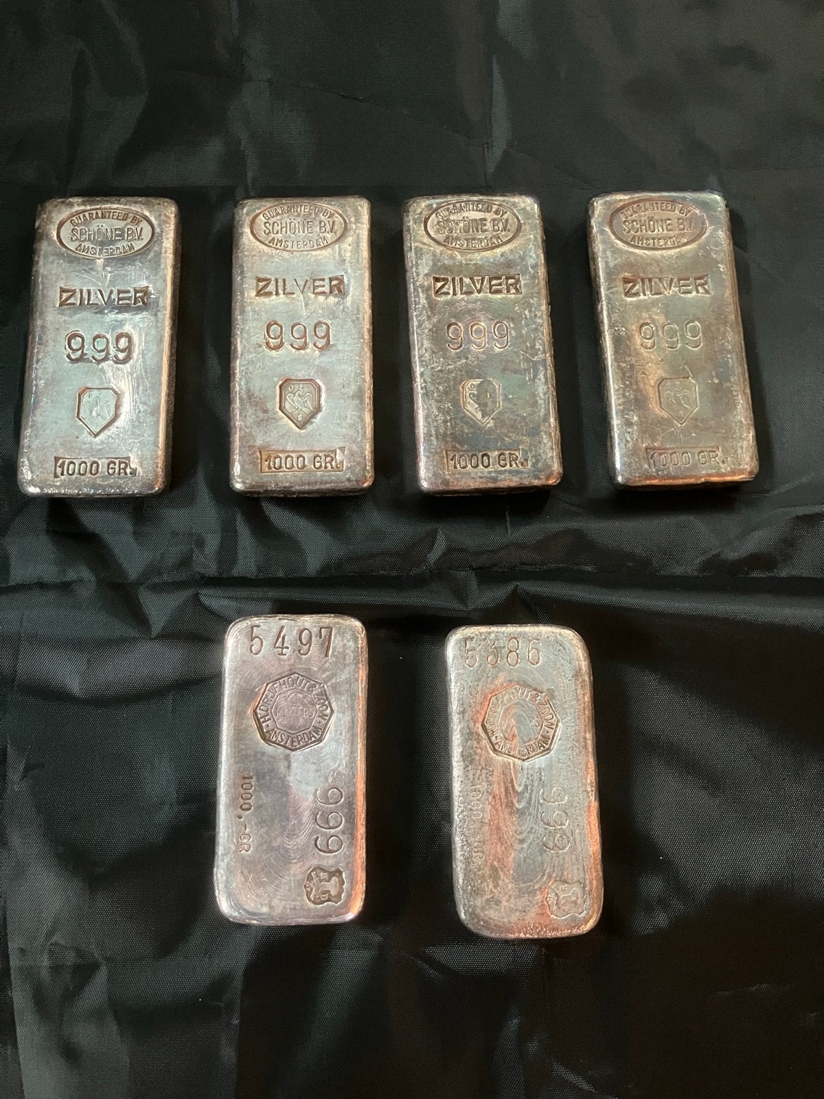 6 zilverbaren van 1000 gram (Drijfhout & Schöne), Ophalen, Zilver