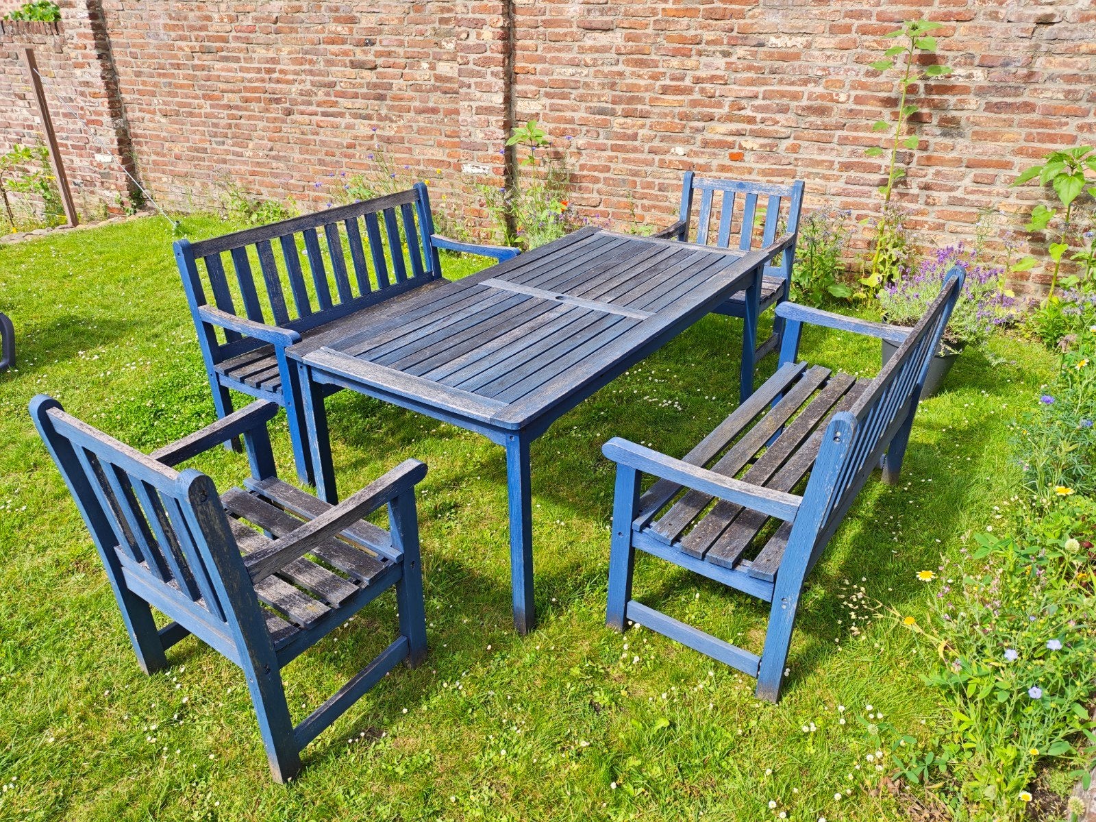 Smaragd Teak Tuinset: Tafel, 2 Bankjes, 2 Stoelen, Ophalen, Gebruikt, Bank, 6 zitplaatsen