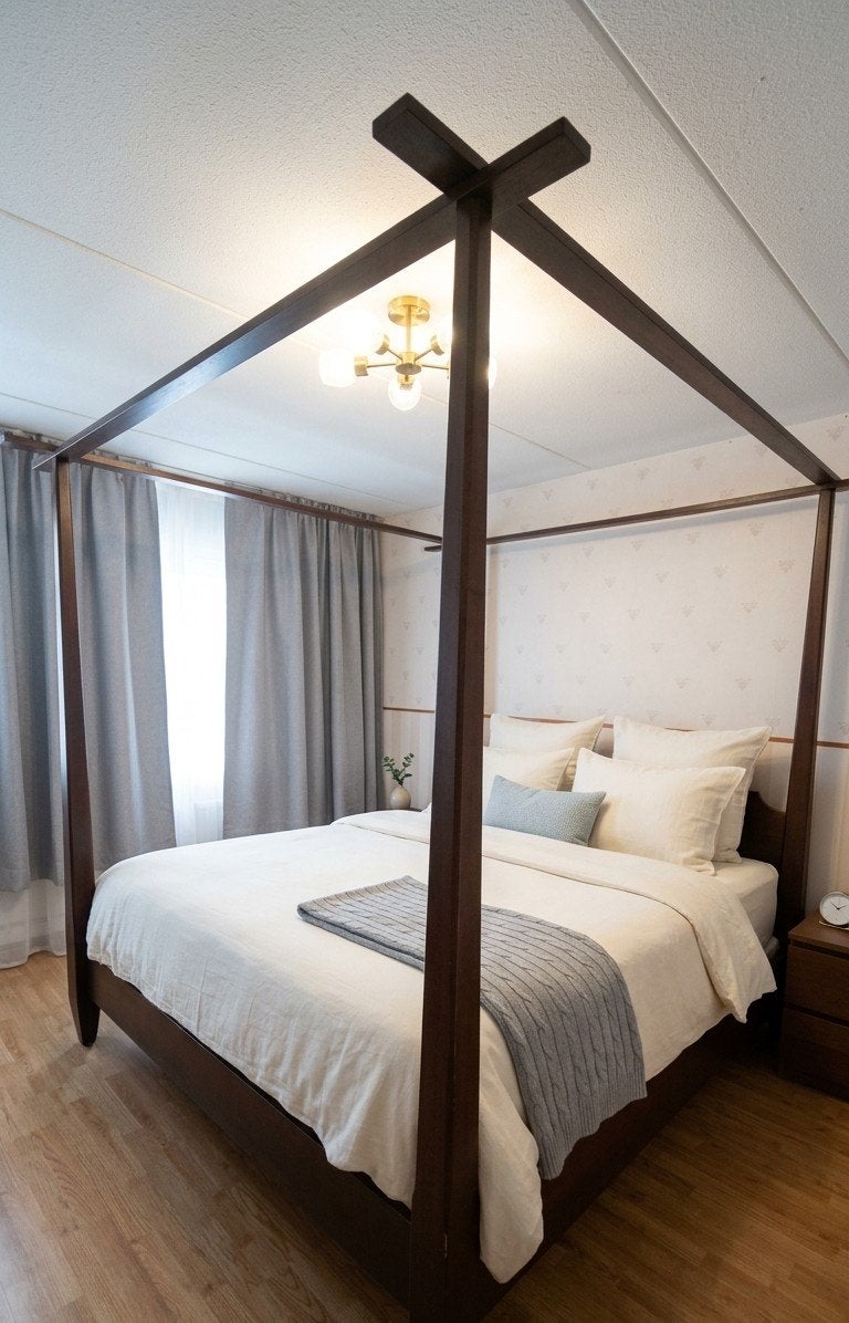 [MUST GO] Prachtig hemelbed van donker hout - Tweepersoons, Huis en Inrichting, Gebruikt, Bruin, Tweepersoons, 180 cm