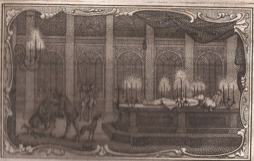 Alkmaar het Choor van de Groote Kerk met doodsbed Floris V, Antiek en Kunst, Gesigneerd, 6 cm, Ophalen of Verzenden, Gravure