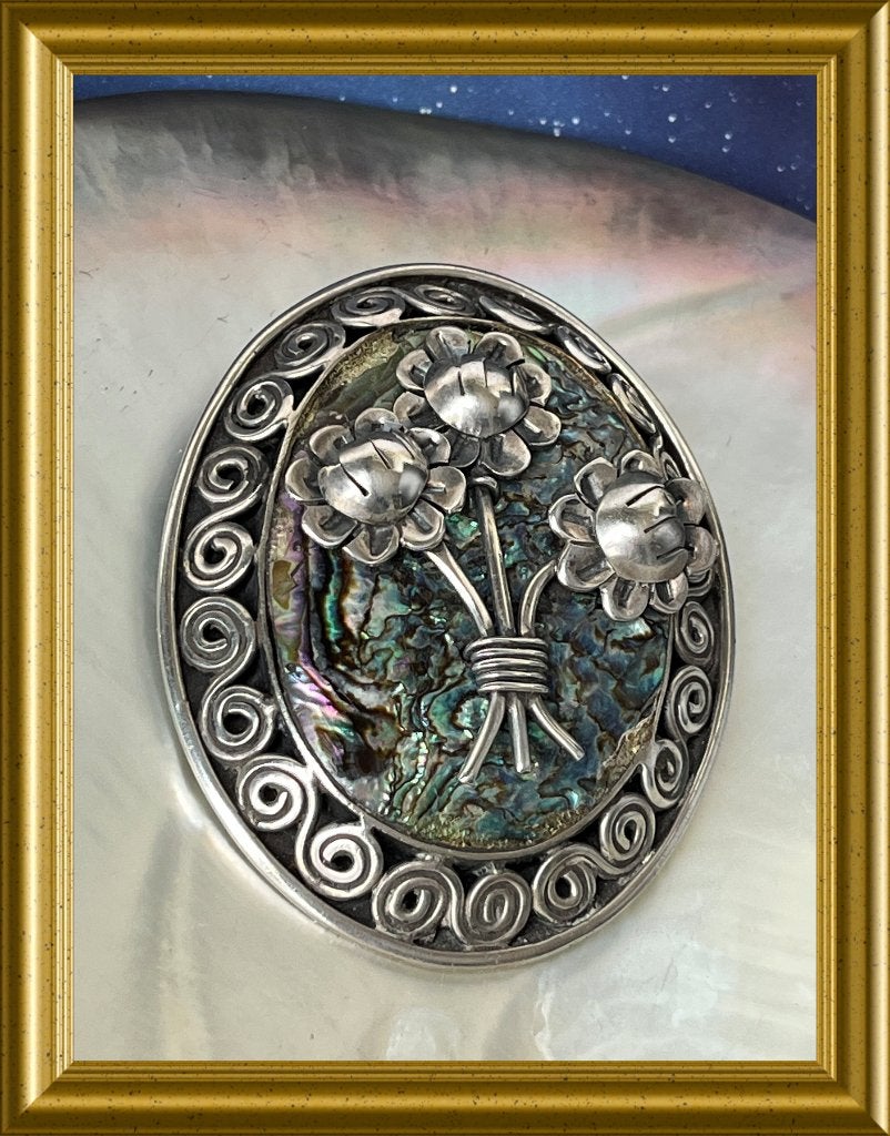 Grote zilveren broche met parelmoer, abalone, Ophalen of Verzenden, Zilver, Broche