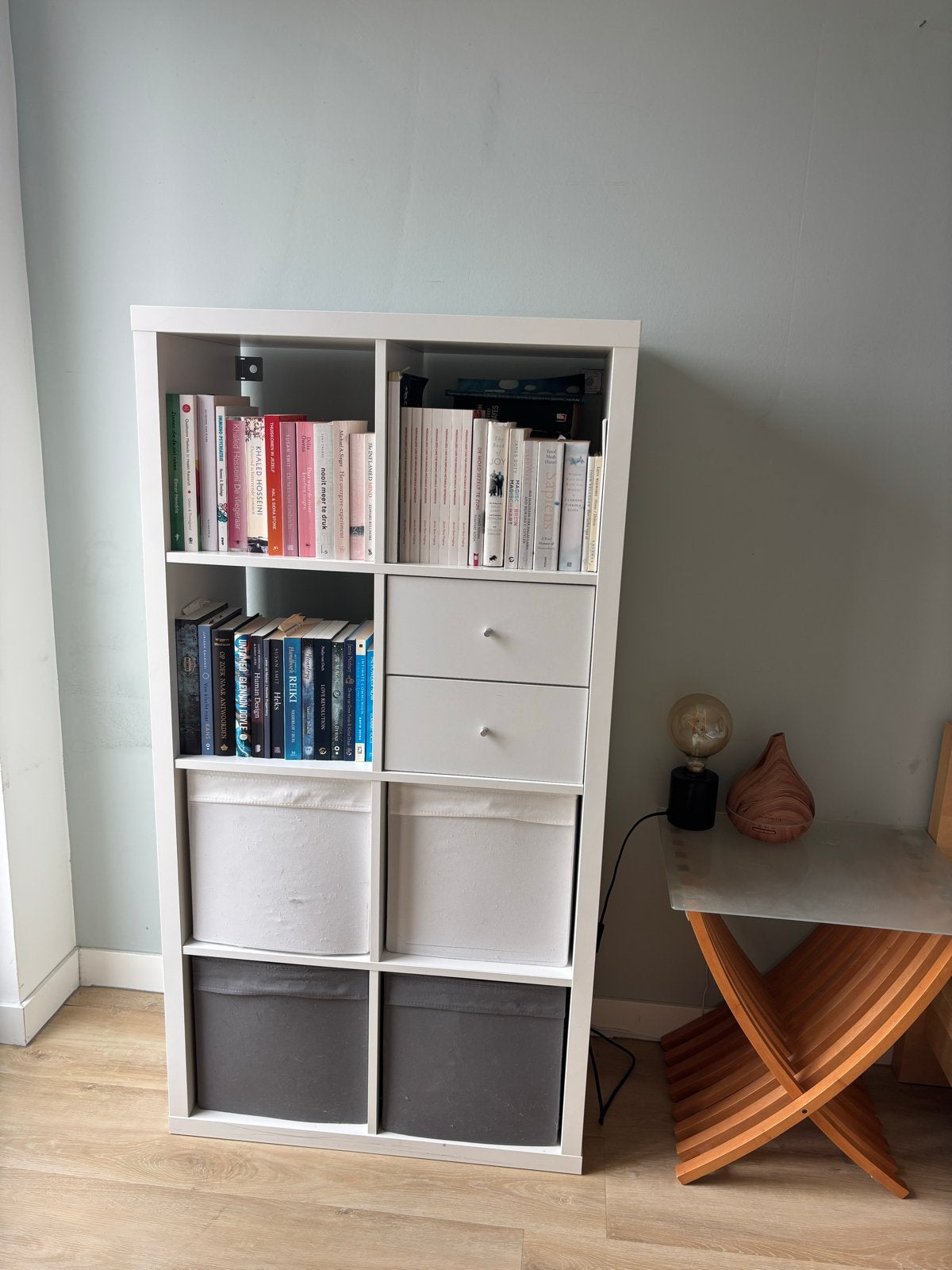 Witte Kallax kast met 8 vakken, inclusief lades en bakken, Ophalen, Gebruikt, 100 tot 150 cm, 50 tot 100 cm