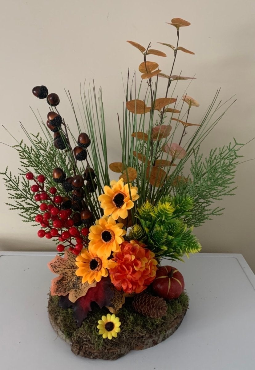 Mooi herfststuk op houten schijf, Ophalen, Meerkleurig, Nieuw, Landelijk