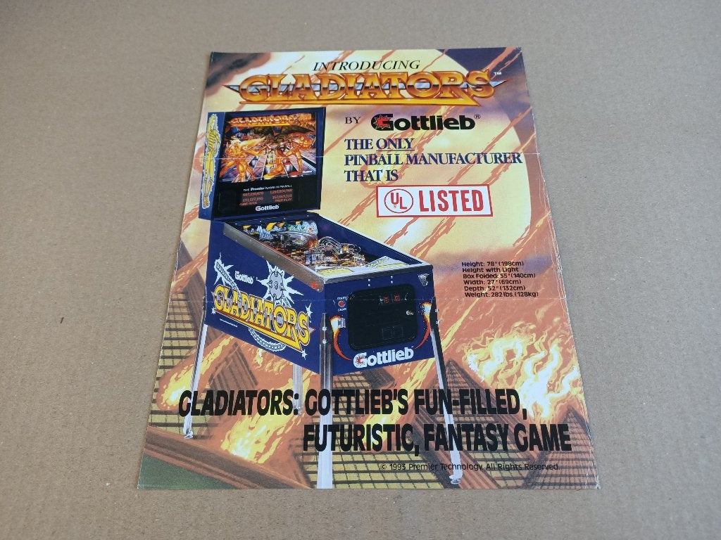 Flyer: Gottlieb Gladiators (1993) Flipperkast, Verzamelen, Verzenden, Gebruikt, Elektronisch, Flipperkast