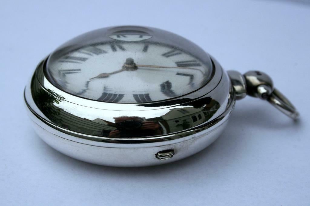 GROOT zakhorloge zilver in dubb kast spillegang London 1874, Ophalen of Verzenden, Zilver, Overige typen, Met edelsteen
