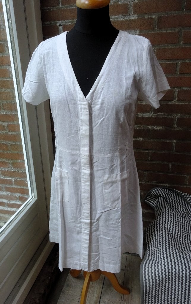 Wit Linnen doorknoop jurkje met korte mouwen maat M, Kleding | Dames, Maat 38/40 (M), Verzenden, Wit, Tex