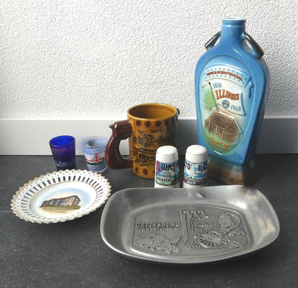Amerika souvenirs vintage USA souveniritems fles schaal glas, Ophalen of Verzenden, Gebruikt, Porselein, Overige typen