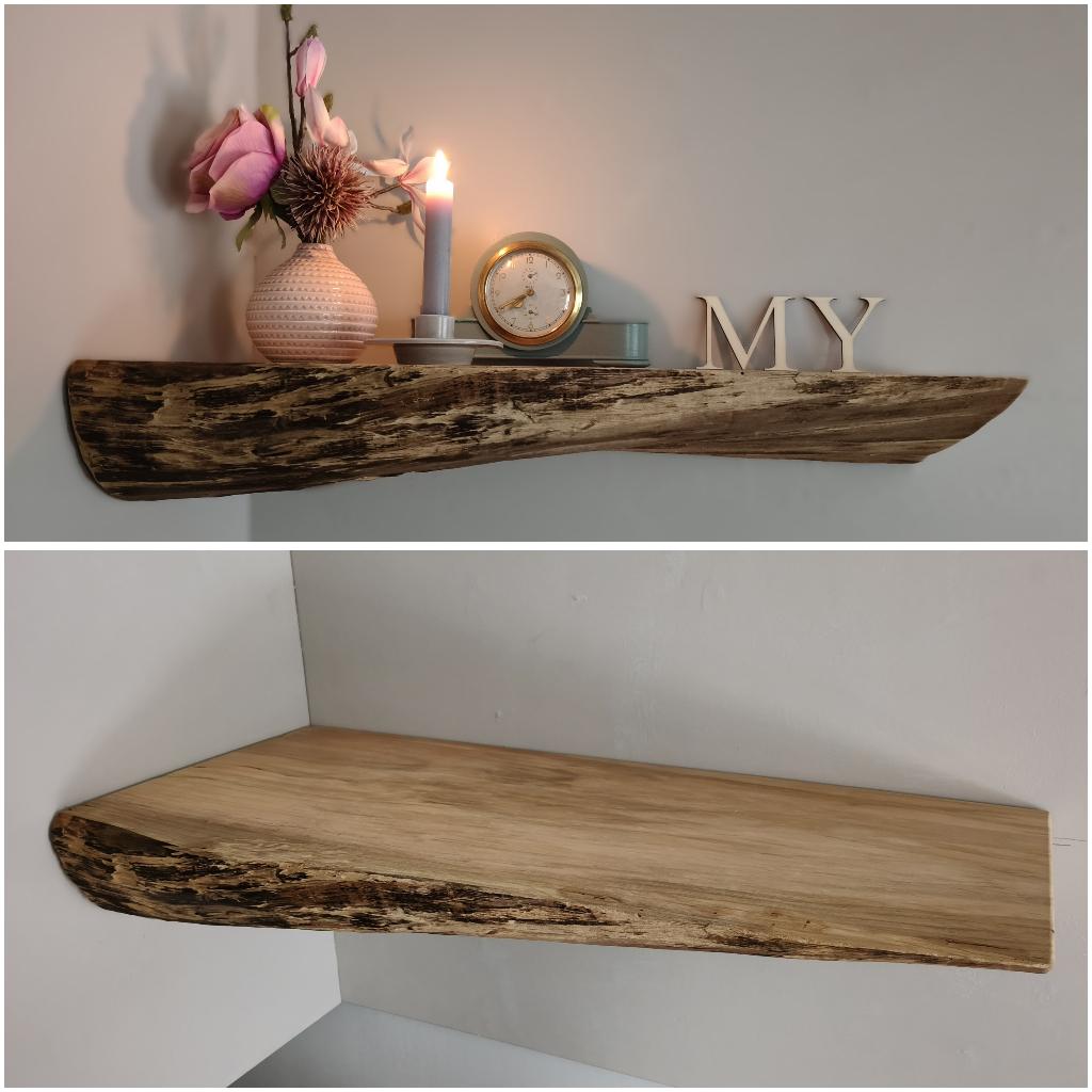Zware diepe massief eiken boomstam wandplank hoek 65cm #141, Huis en Inrichting, Houtatelier M.Y., Info@myhoutatelier.nl, Nieuw