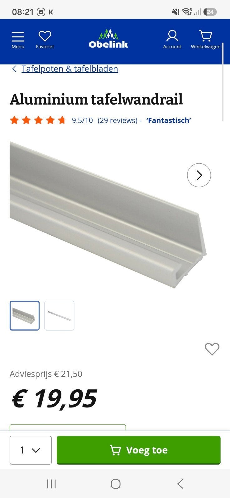 Nieuw in doos Aluminium tafelwandrail 80 cm, Caravans en Kamperen, Ophalen of Verzenden, Nieuw