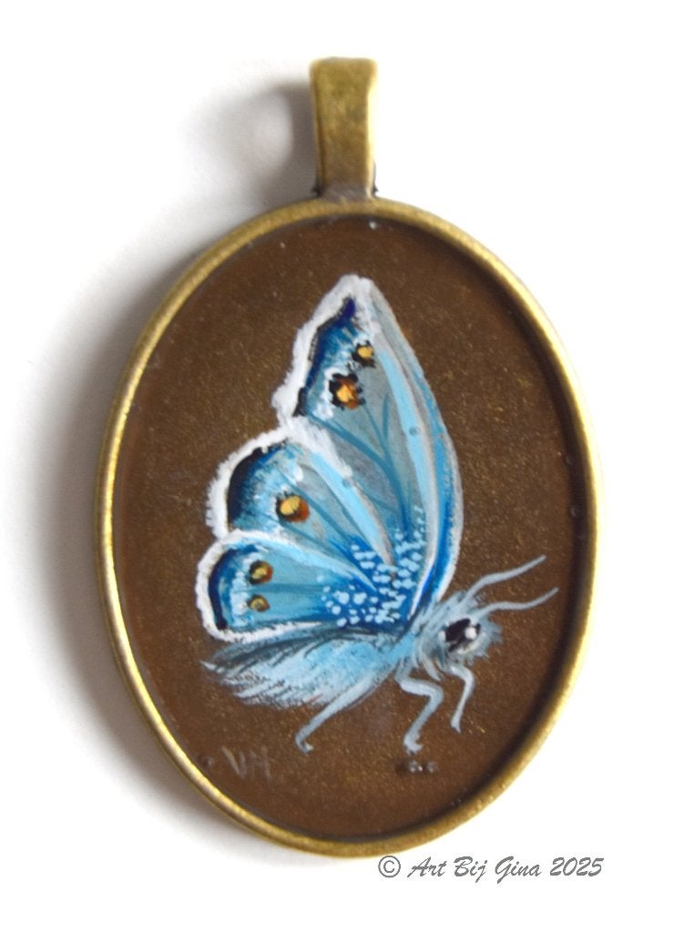 Icarus Blauwtje hand geschilderd op een mooie hanger, Antiek en Kunst, Ophalen of Verzenden