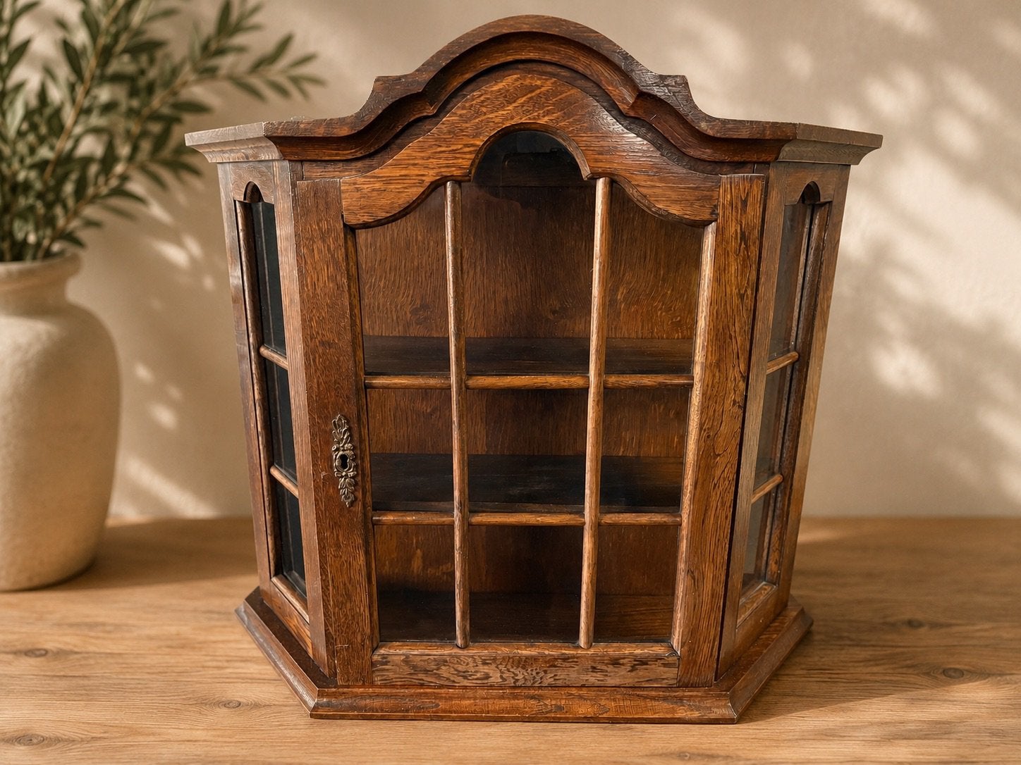 Massief eiken wandvitrinekastje / hangkastje, Ophalen, 50 tot 100 cm, Minder dan 100 cm, Glas