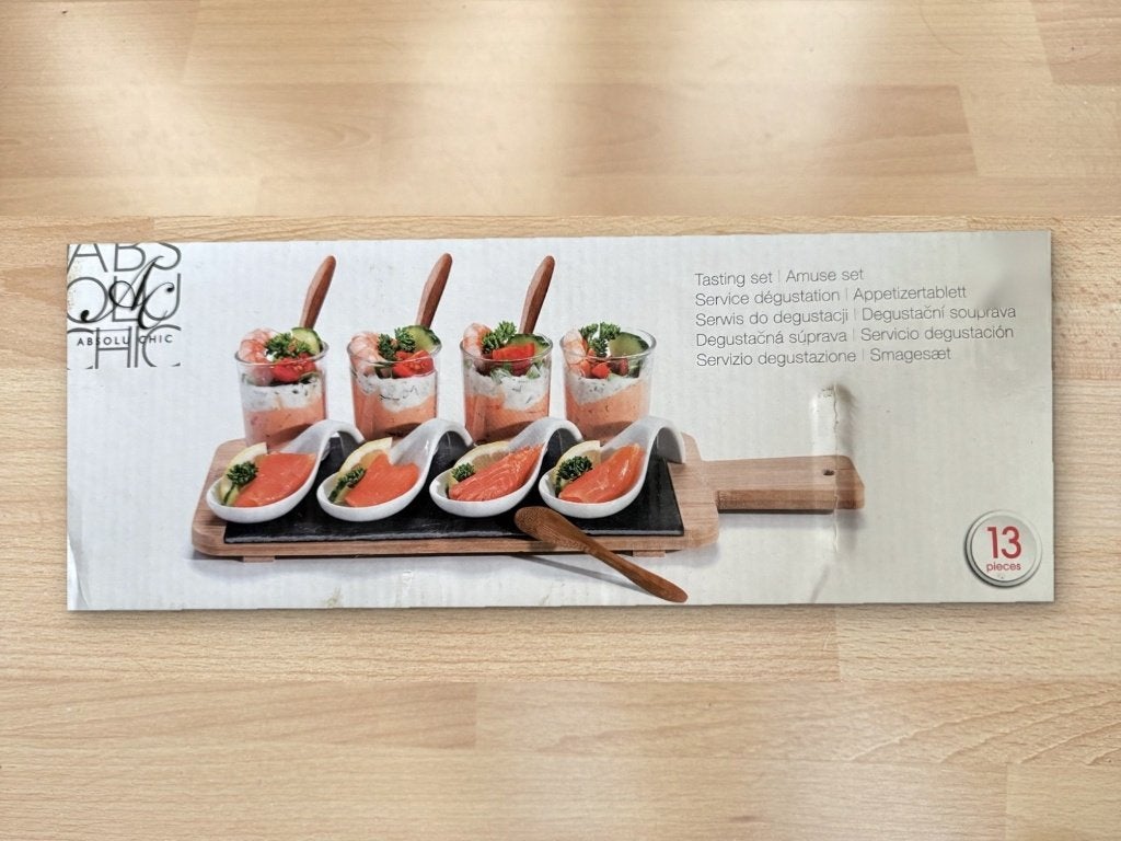 Absolu Chic amuse set 13-delig - nieuw in doos, Glas, Snij-/serveerplank, Nieuw, Ophalen of Verzenden