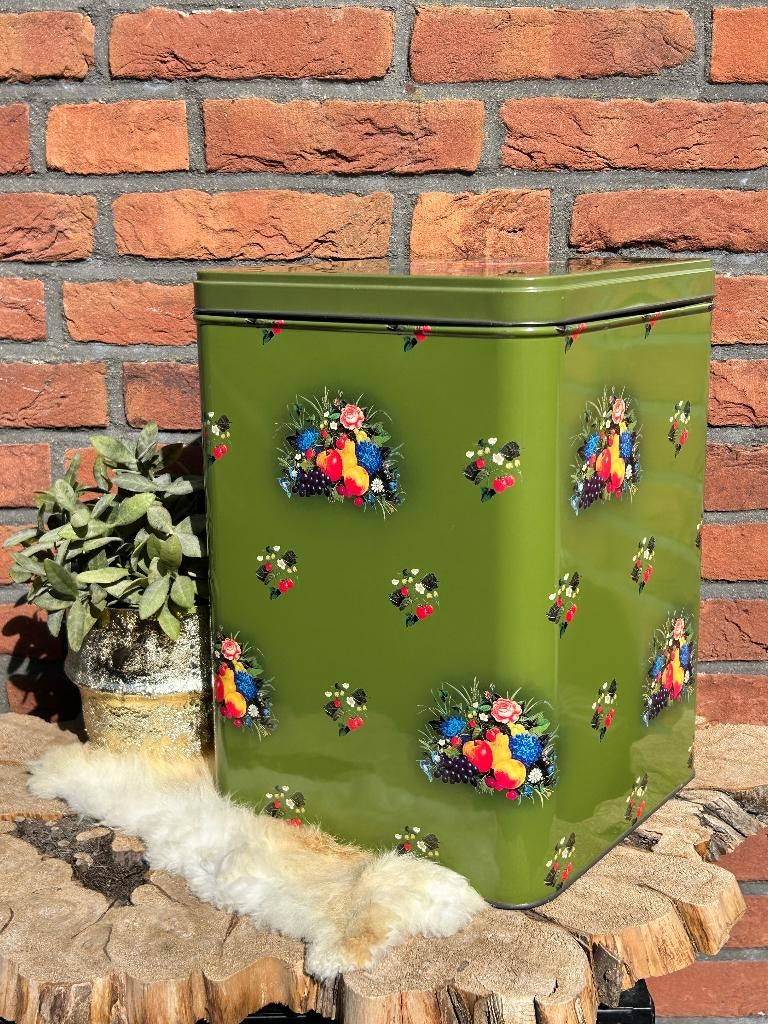 Vintage XXL blik groen fruit en bloemendecor, Verzamelen, Blikken, Ophalen of Verzenden, Gebruikt, Overige, Overige merken