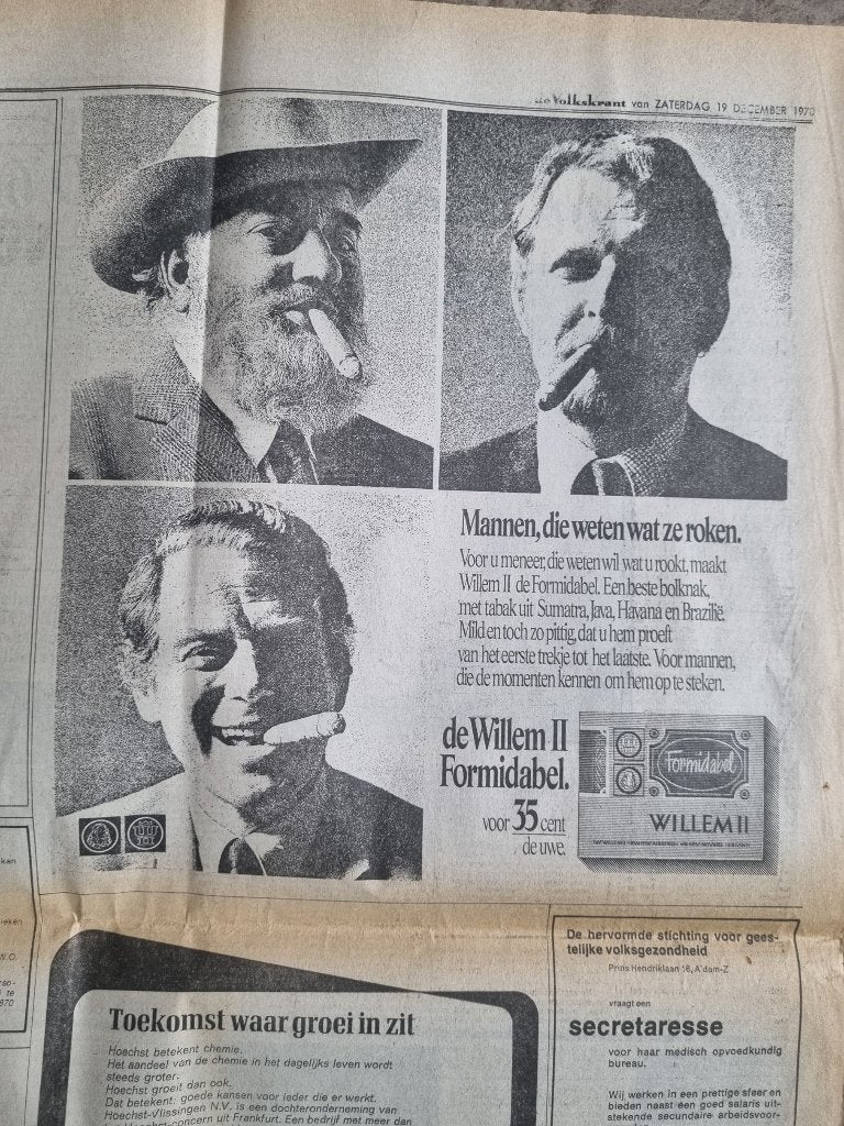 Advertentie Willem II sigaren: mannen die weten wat ze roken, Verzamelen, Ophalen of Verzenden, 1960 tot 1980, Knipsel(s)