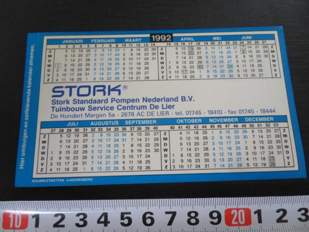 sticker Kalender 1992 DE LIER STORK Standaard Pompen, Ophalen, Zo goed als nieuw