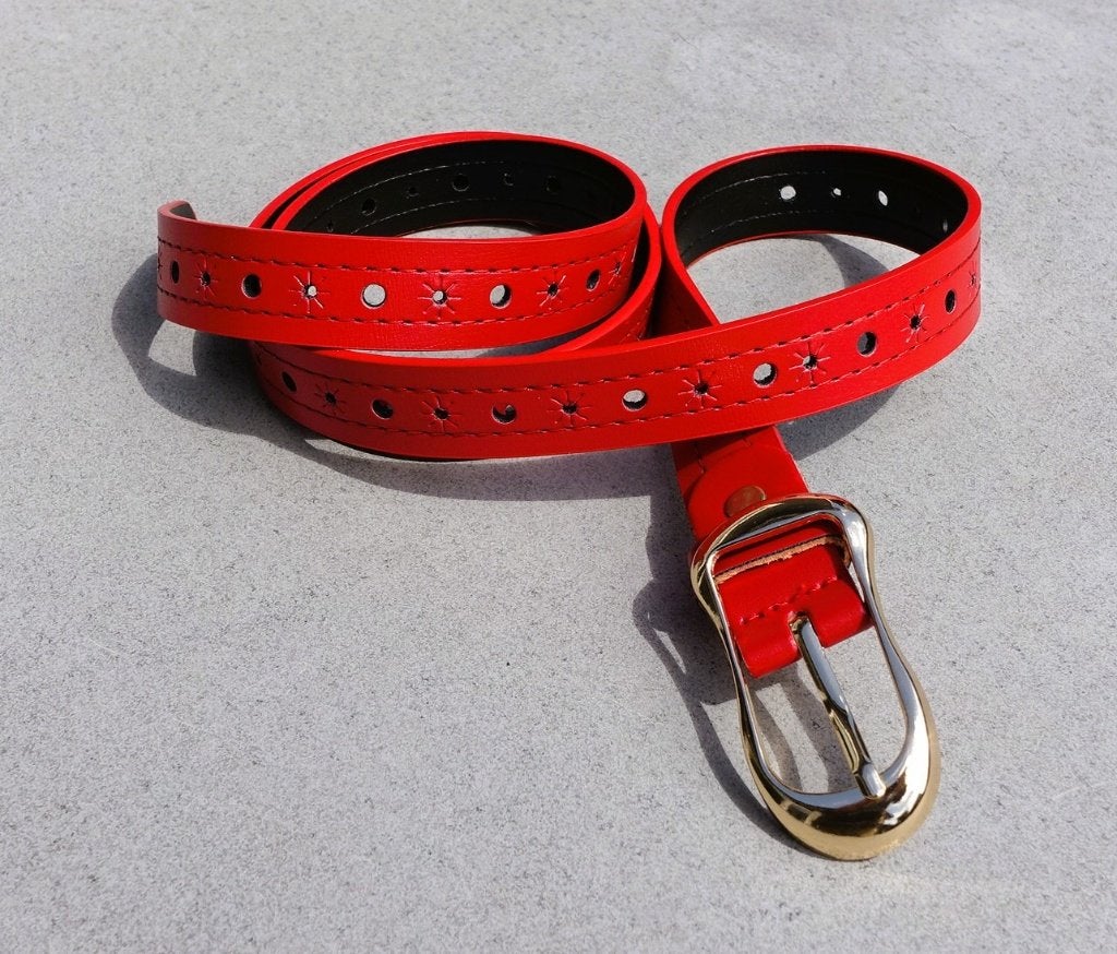 Rode riem met gouden gesp en stervormige perforaties, Minder dan 3 cm, 100 cm of meer, Nieuw, Tailleriem