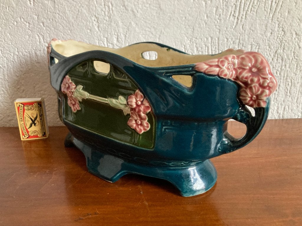 Art Nouveau geglazuurd keramieke plantenbak jardinière, Tuin en Terras, Steen, Minder dan 30 cm, Ophalen of Verzenden, Zo goed als nieuw