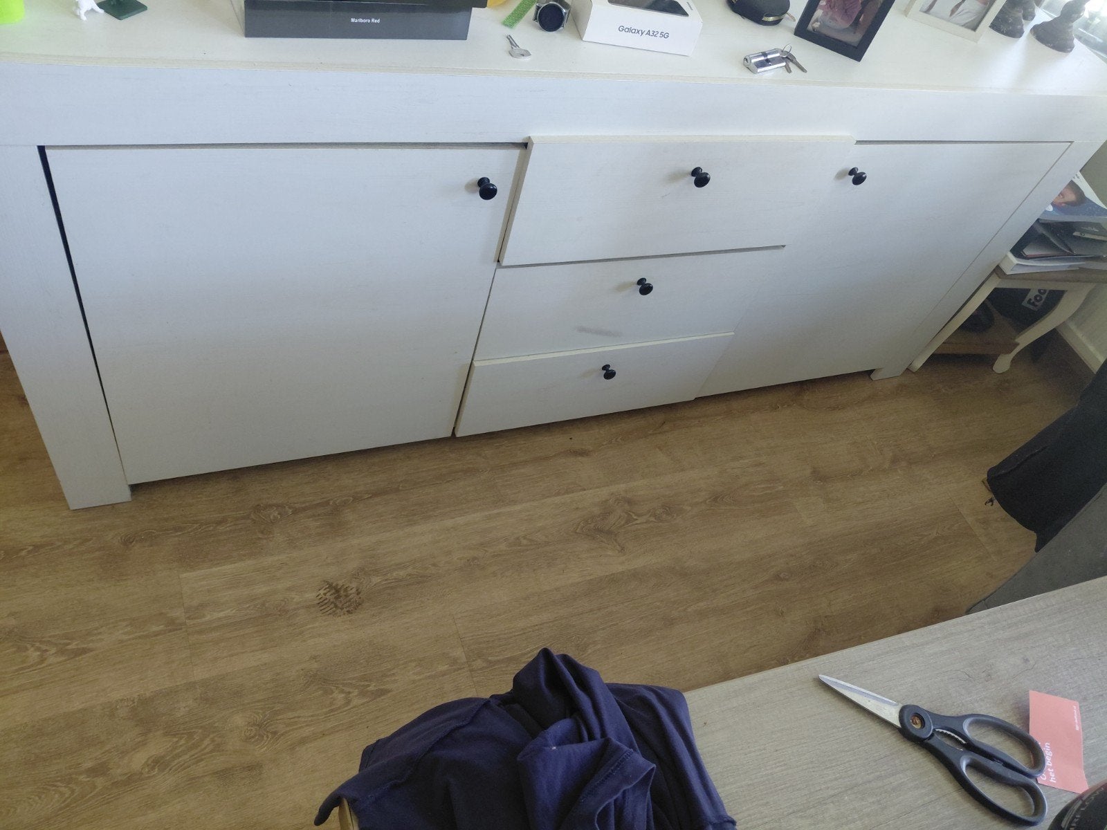 Witte TV-kast met lades en opbergruimte, Ophalen, Gebruikt, Minder dan 100 cm, 25 tot 50 cm