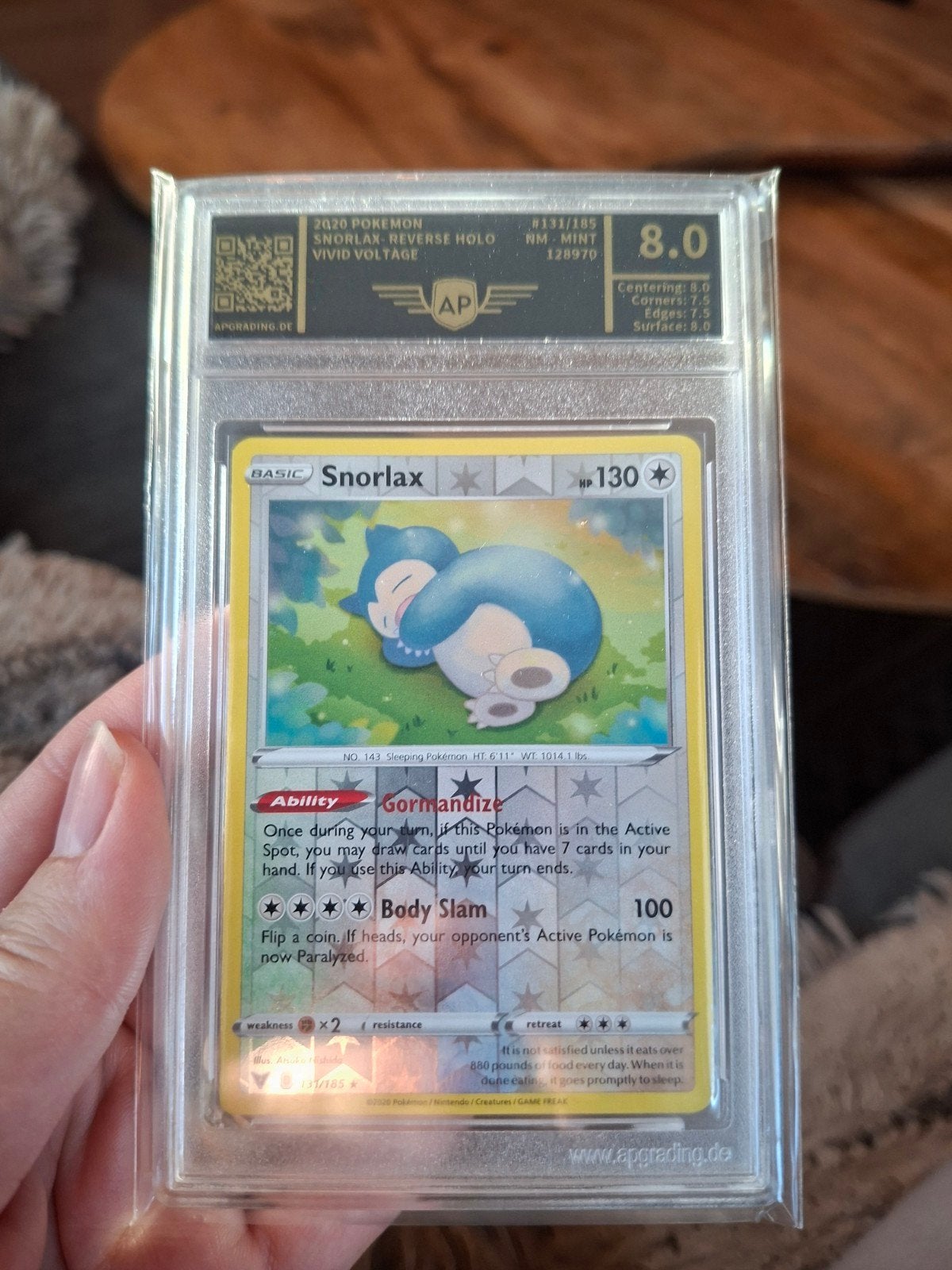 Snorlax VIVID VOLTAGE Reverse Holo AP Graded 8.0, Ophalen of Verzenden, Zo goed als nieuw, Losse kaart, Foil