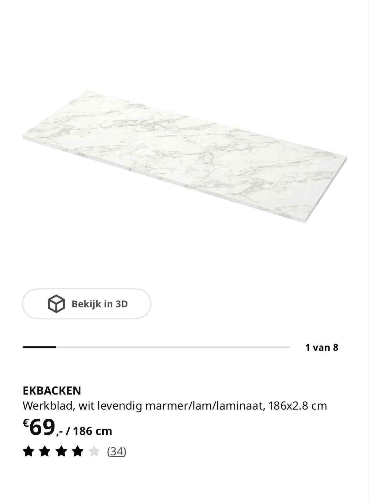 IKEA EKBACKEN Werkblad wit levendig marmer laminaat 186x2.8, Overige typen, IKEA, Nieuw, Ophalen of Verzenden