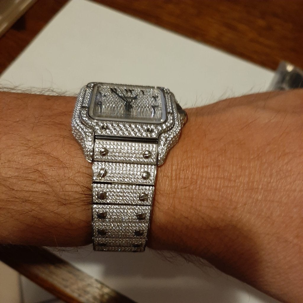 Cartier santos iced out full diamonds, Overige merken, Staal, Staal, Polshorloge