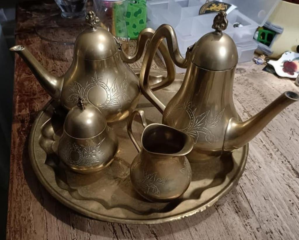 EPNS dienblad, koffiepot, theepot, suikerpot en melkkan, Antiek en Kunst, Ophalen of Verzenden