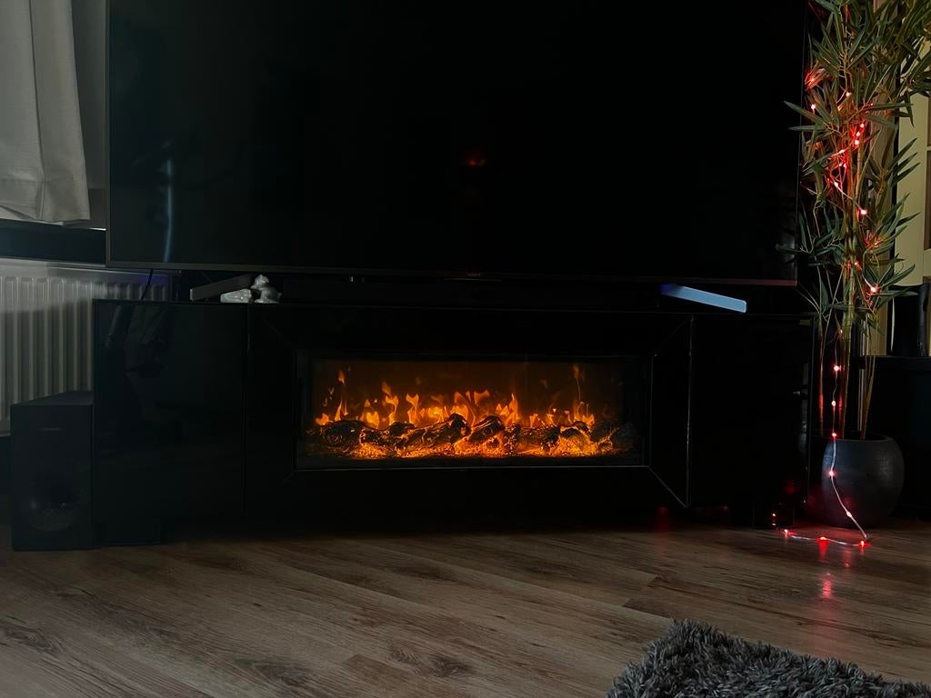 Modern TV-meubel met sfeerhaard - Zwart hoogglans, Huis en Inrichting, Kasten | Televisiemeubels, Ophalen, 150 tot 200 cm, Zo goed als nieuw