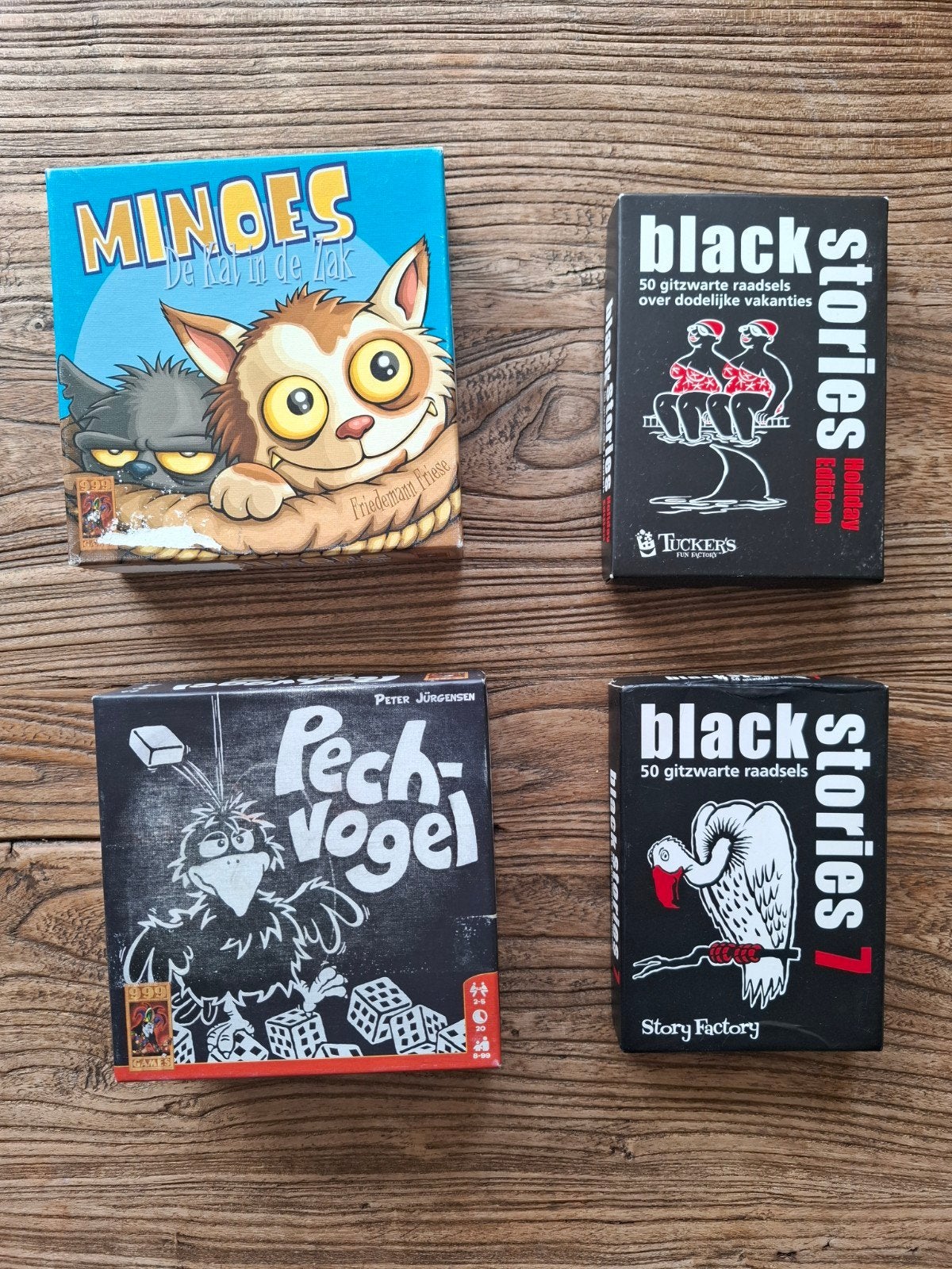 Spellen: Minoes, Pechvogel, Black Stories(2x)ook los te koop, Een of twee spelers, Ophalen of Verzenden, Gebruikt, 999 Games, Story Factory, Tuckers