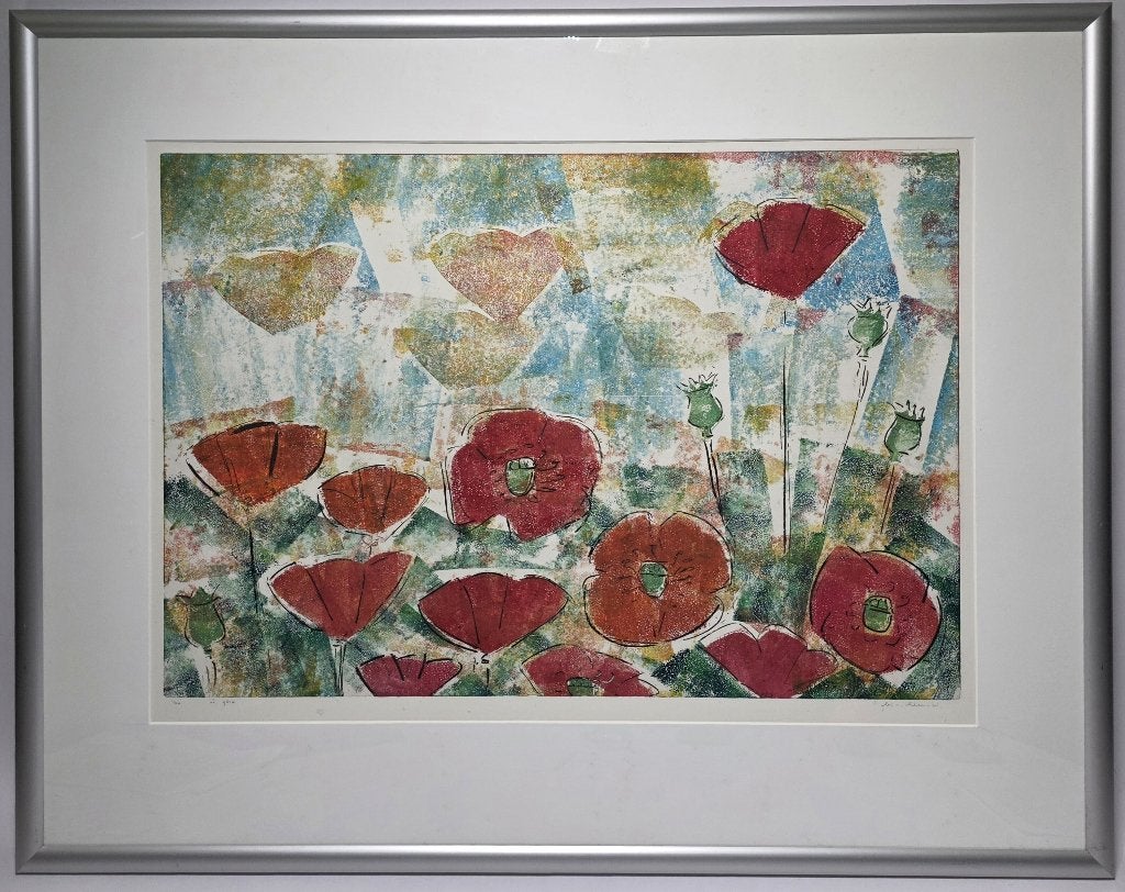 1086. Zeefdruk, Lia van Leeuwen – klaprozen, ca. 1990, Ophalen, Zeefdruk, Dieren en Natuur, Gelimiteerde oplage