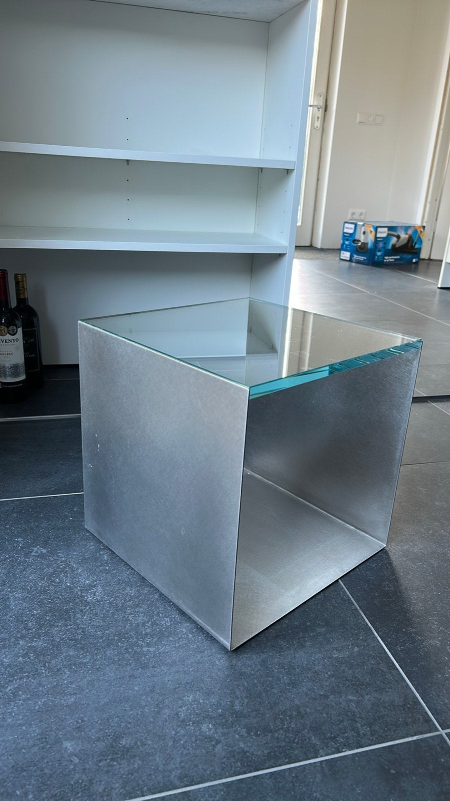 Bijzettafel van geborsteld staal en kristalglas, Ophalen, Minder dan 45 cm, Minder dan 55 cm, Vierkant