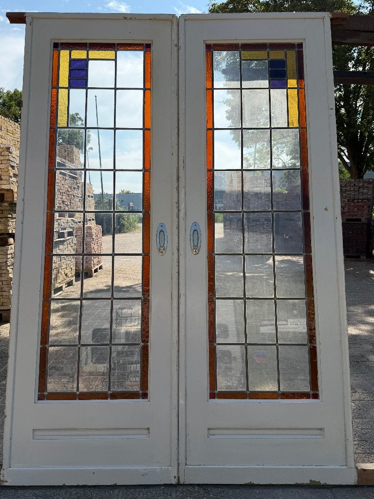 Set schuif / en-suite deuren met glas in lood 211x144cm., Antiek en Kunst, Curiosa en Brocante, Ophalen