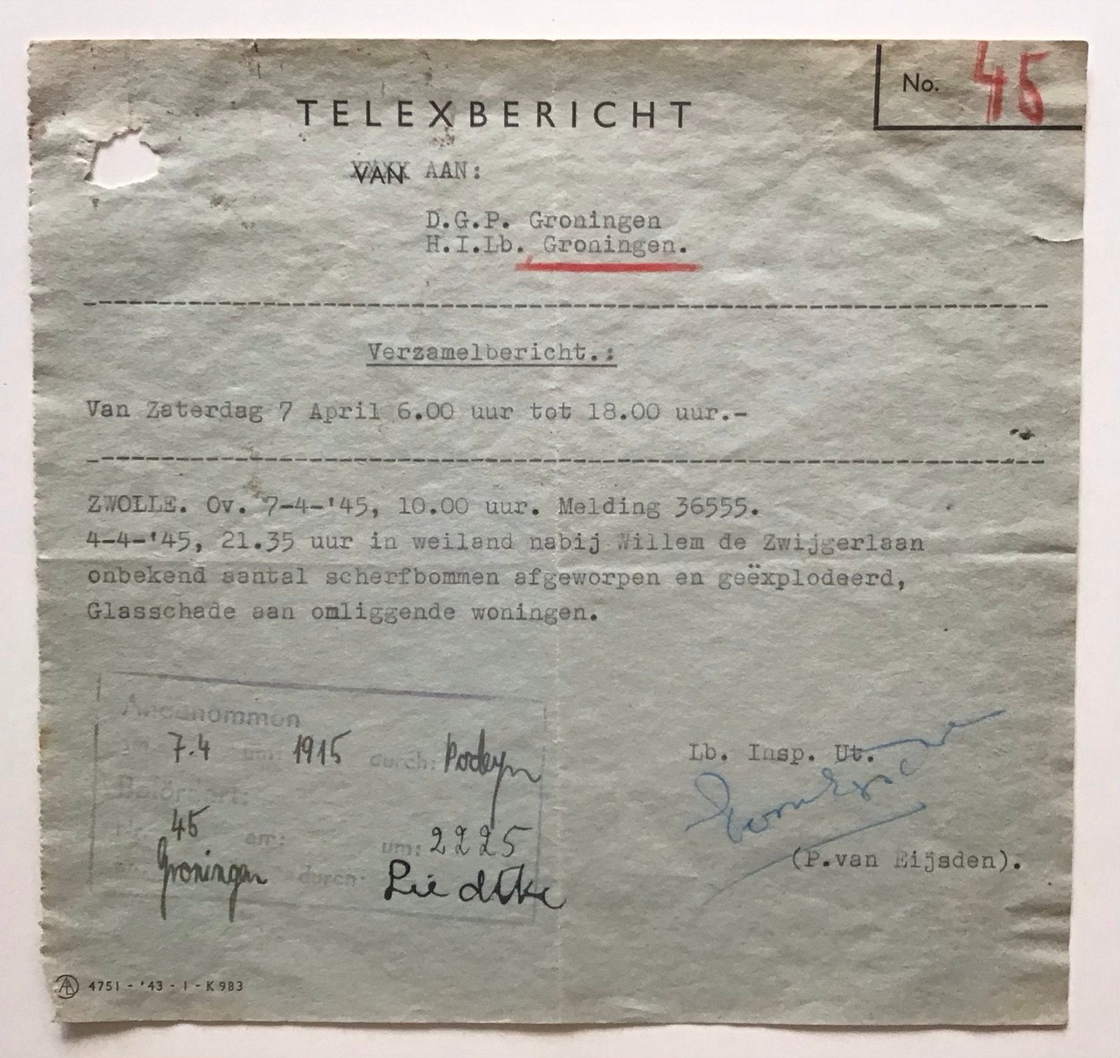 Telexbericht Zwolle WOII - Scherfbommen 1945, Verzamelen, Militaria | Tweede Wereldoorlog, Ophalen of Verzenden, Overige soorten