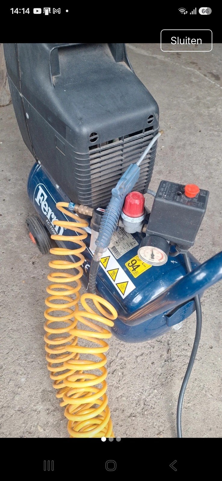 FERM Compressor met slang en blaaspistool, Gebruikt, 6 tot 10 bar, Ophalen of Verzenden, Minder dan 200 liter/min