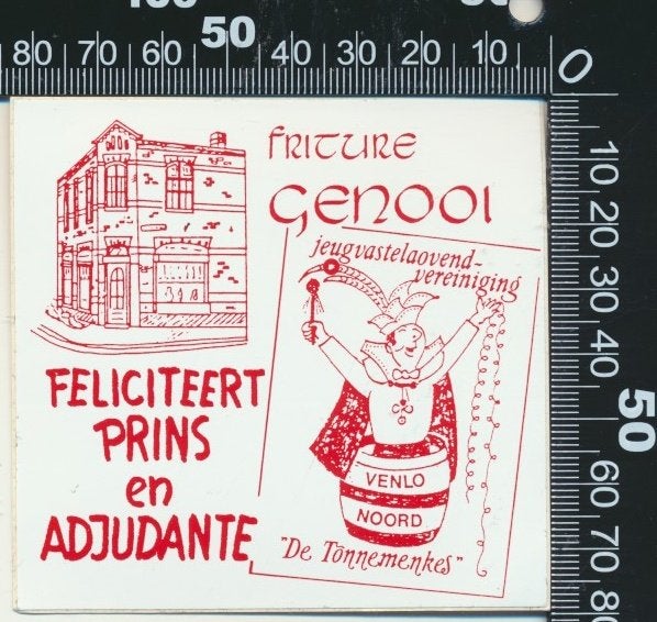 Sticker: Friture Genooi - Venlo - De Tonnemenkes, Ophalen of Verzenden, Zo goed als nieuw, Bedrijf of Vereniging