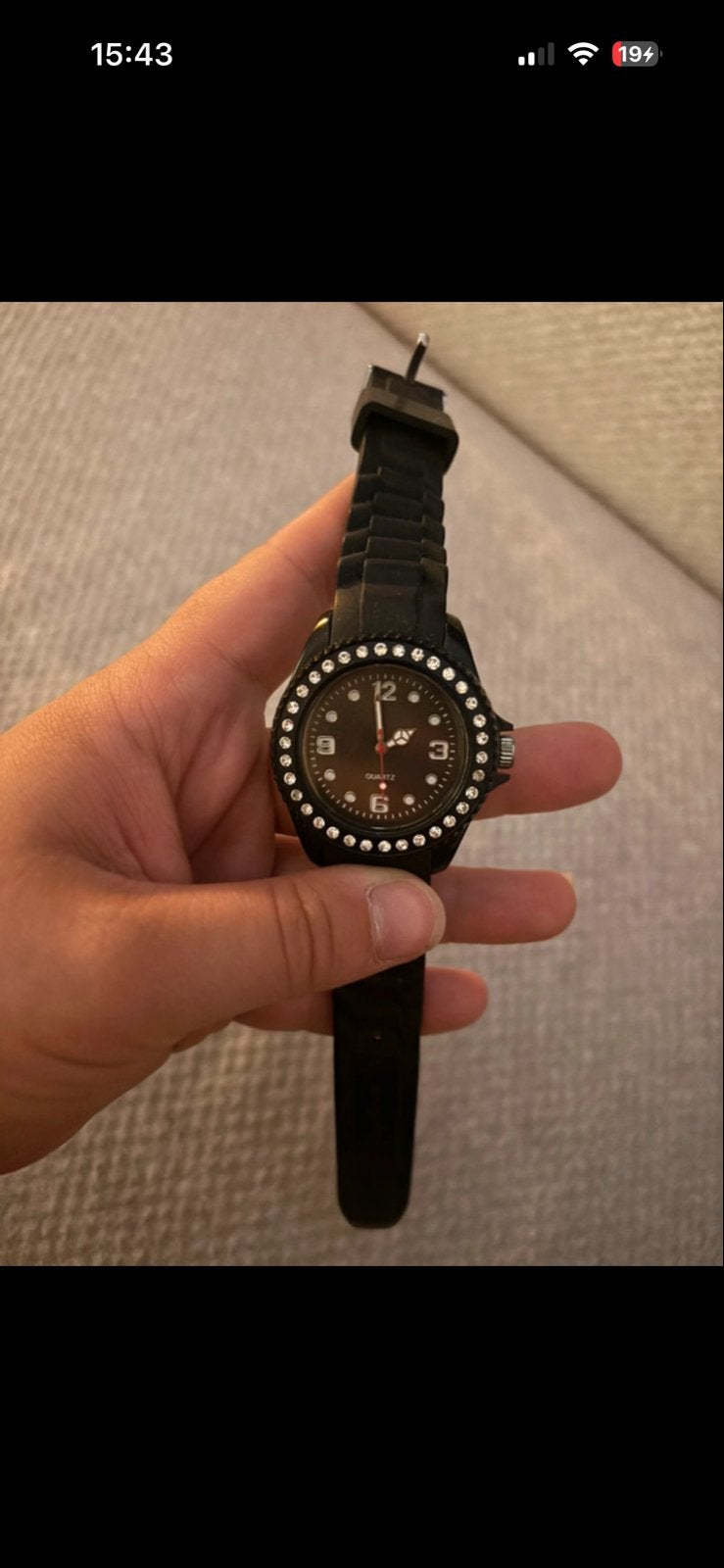Zwart horloge met glitter steentjes, Overige merken, Kunststof, Gebruikt, Polshorloge