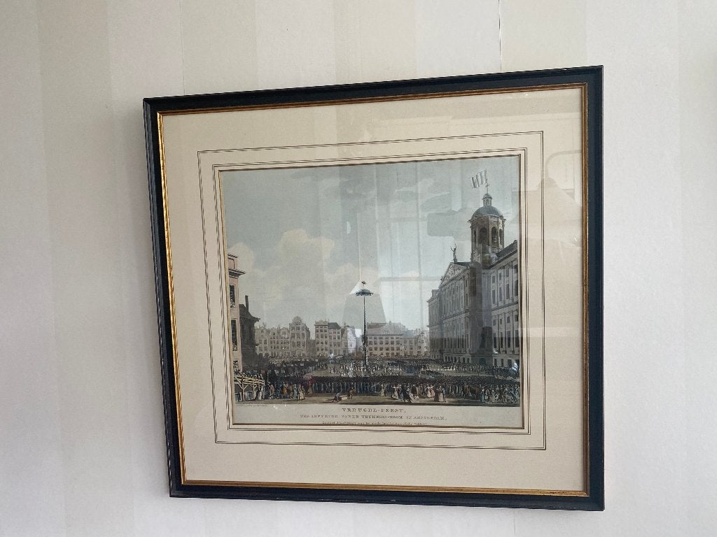 Antieke Gravure Paleis op de Dam Amstertdam, Ophalen, 44 cm, 48 cm, Stadsgezicht