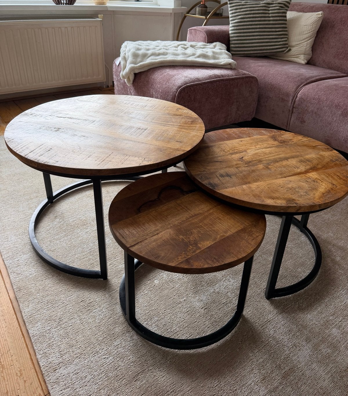 Salontafel set van 3, mangohout en metaal