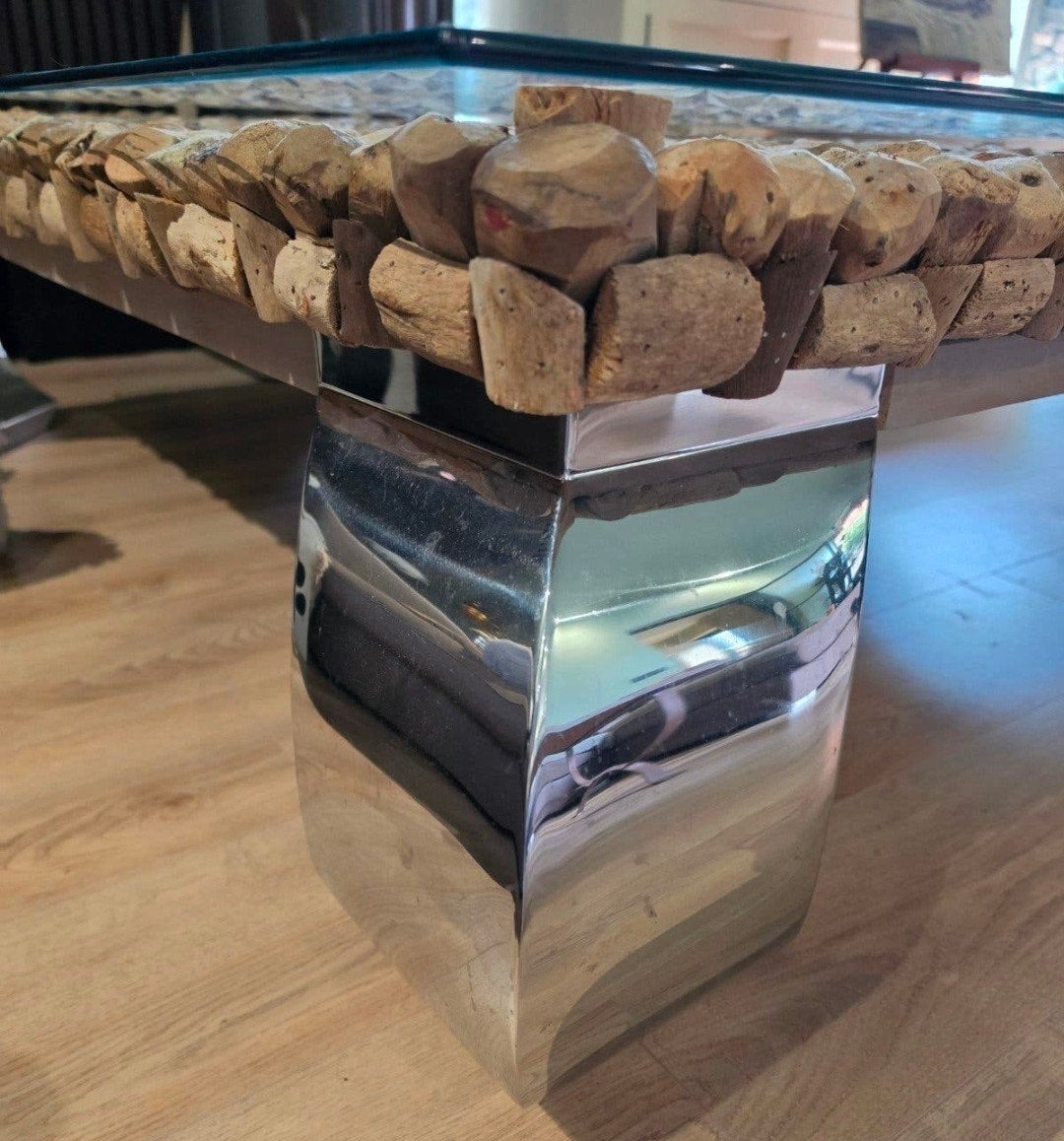 Salontafel Rofra 150cm x150cm met drijfhout en glas, Ophalen, 100 tot 150 cm, 50 tot 100 cm, Zo goed als nieuw