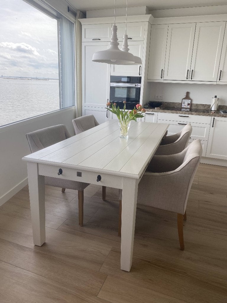 Prachtige Riviera maison eetkamertafel met  stoelen, Ophalen, Eikenhout, 50 tot 100 cm, Zo goed als nieuw
