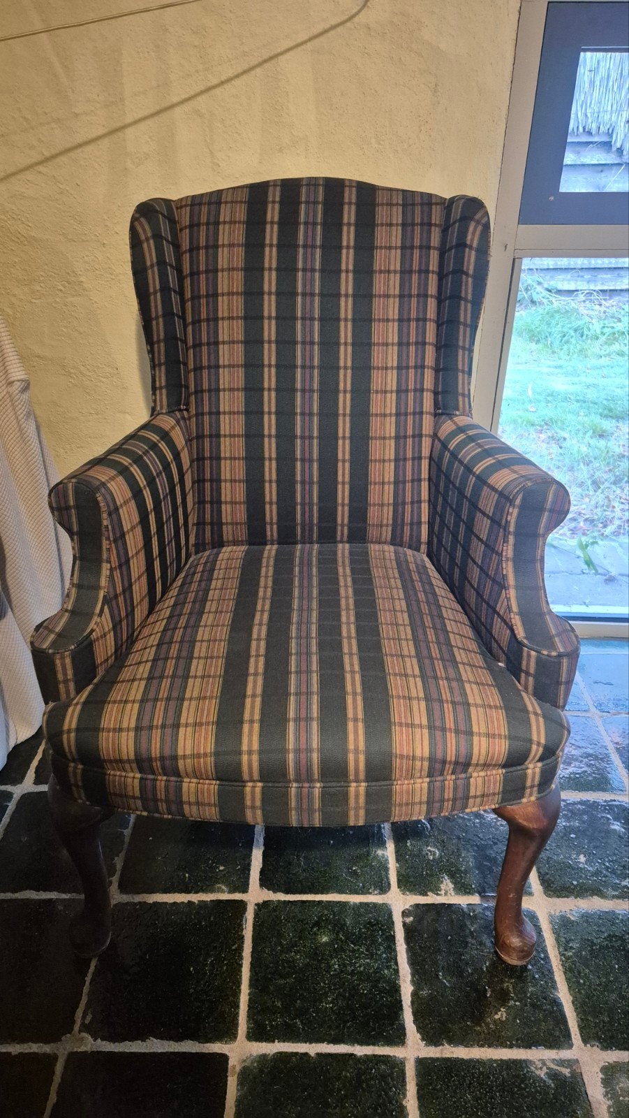 Klassieke geruite fauteuil, Ophalen, Hout, Gebruikt, 75 tot 100 cm