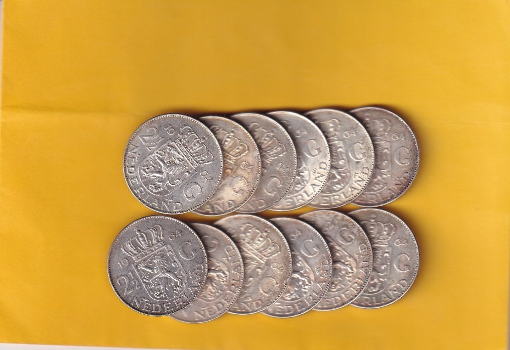 12 Juliana Rijksdaalders 1964 met Patina Divers, Koningin Juliana, Setje, Zilver, Ophalen of Verzenden