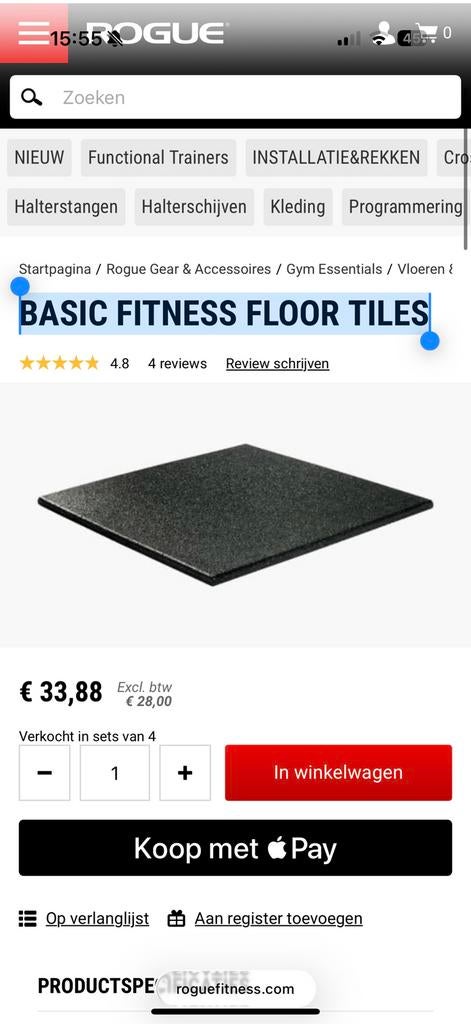 Rogue Fitness Vloertegels - Bescherm je vloer, Sport en Fitness, Ophalen, Gebruikt, Overige typen